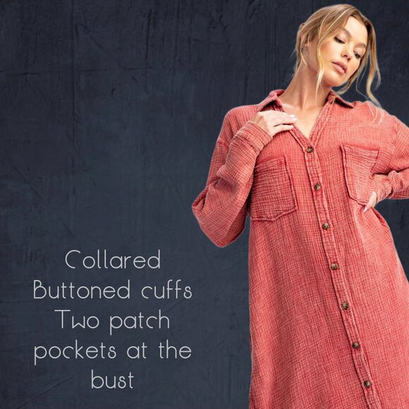 EASEL “Irresistible” Lux Mineral Washed Buttoned Relaxed Fit Shirt Dress Pockets - Picture 11 of 16